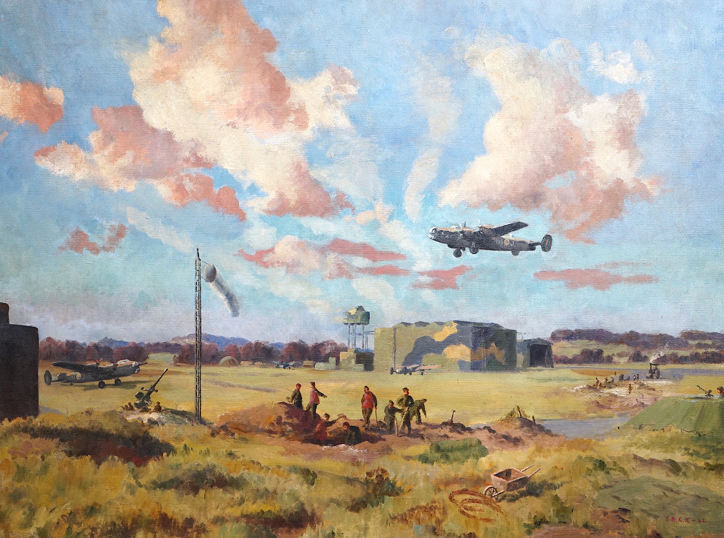 Stephen Bone (English, 1904-1958), WW2 airfield with bombers coming in to land, oil on canvas, 76 x 102cm